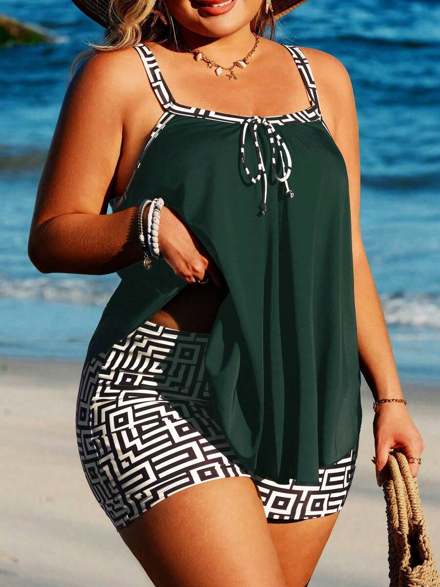 Swim Lushoire Plus Size Vacation Beach Tankini Set - Multicolor - View 1
