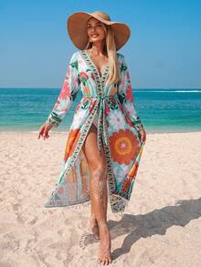 Swim Lushoire Women's Floral Placement Print Cover Up With Detachable Belt, Beach Party Vacation Kimono Cover-Up - Multicolor - View 1