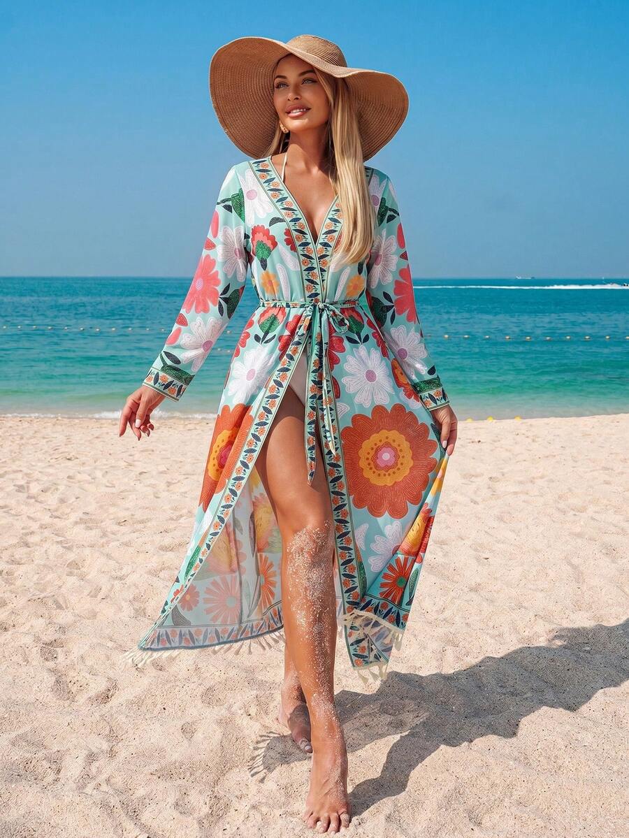 Swim Lushoire Women's Floral Placement Print Cover Up With Detachable Belt, Beach Party Vacation Kimono Cover-Up - Multicolor - View 1