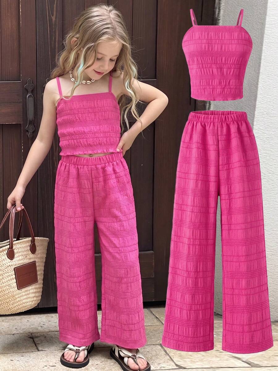 SHEIN Elladie kids Young Girls Vacation Spring Style Crepe Gathered Cami Top + Loose Straight Leg Pants 2pcs Set, Woven Tank Top Set