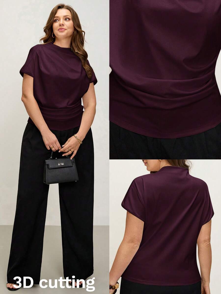 Comfylo 3D Cut Pleated Slim Fit Plus Size Top - Coffee Brown - View 1