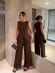 Firerie Women's Elegant Formal Brown 2-Piece Suit Set,Asymmetric Lapel Button Waist Sleeveless Blazer Vest And High Waist Pants Commuting Street Fall/Winter - Coffee Brown - View 8