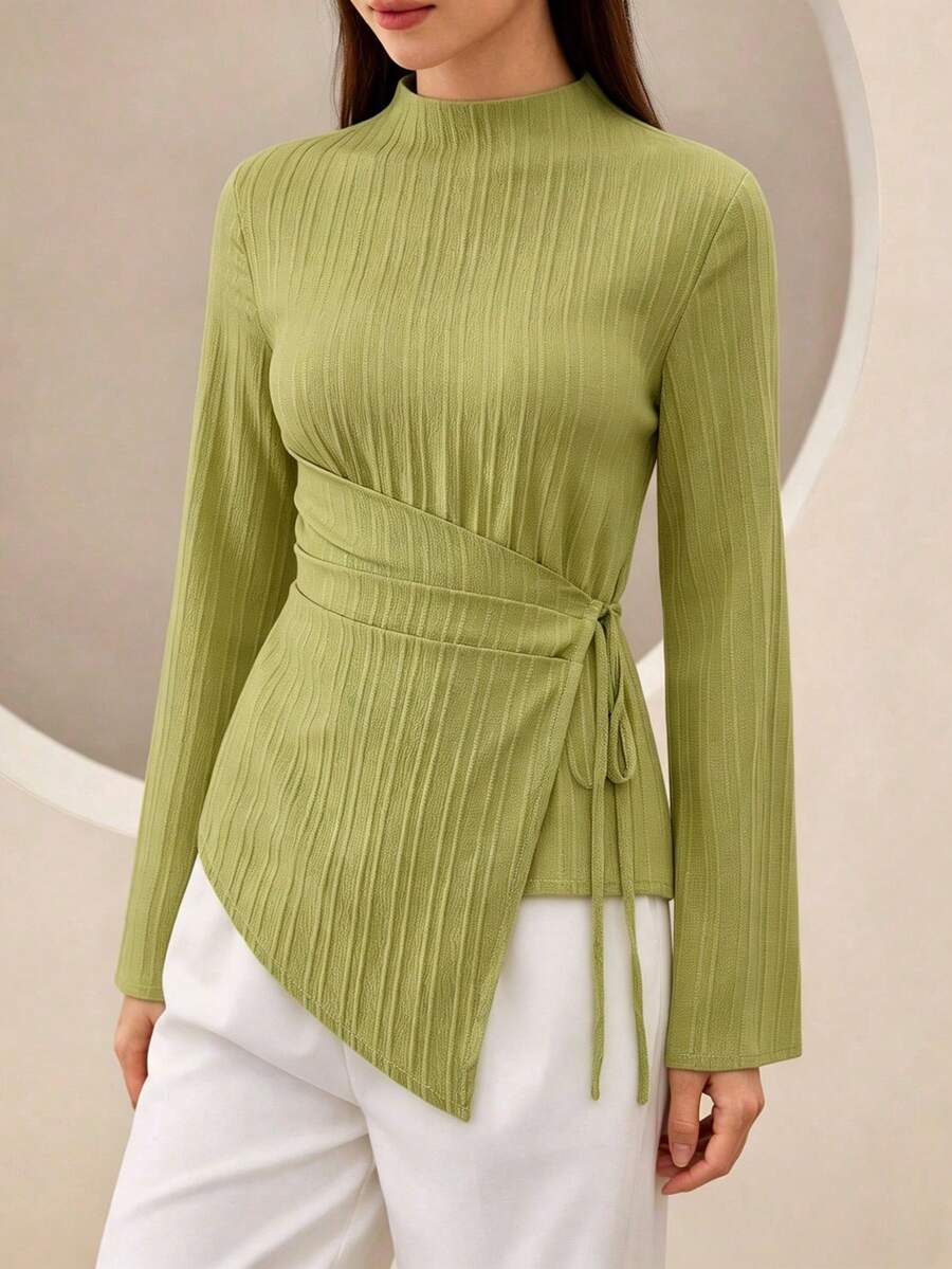 Graceveil Asymmetrisches Hemd mit Bindegürtel, Stehkragen und Glockenärmeln