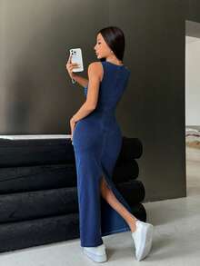 SHEIN ICON 大码女式圆领无袖褶皱修身牛仔连衣裙 - 藍色 - 查看 6