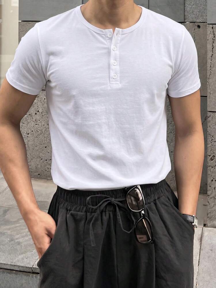 DAZY White Round Neck Half-Button Short Sleeve Men's T-Shirt - White - View 3