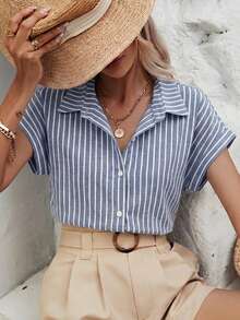SHEIN Frenchy Kemeja Kasual Wanita Bergaris Minimalis Kancing Tunggal - Biru - View 6