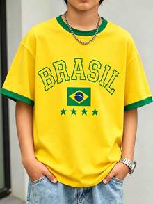 SHEIN [1件]青少年男孩巴西風黃綠配色 BRASIL 印花短袖T恤，休閒運動風，適合夏季/春秋 - 彩色 - 查看 4