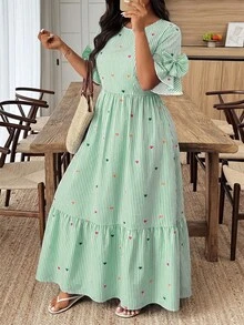 Weeklong Women's Plus Size Spring/Summer Round Neck Tiered Cake Layered 3D Bow Decor Dress - Multicolor - View 5