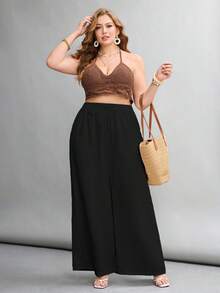 SHEIN Tall CURVE 大尺碼女款素色休閒抽繩腰鬆寬腿長褲 - 黑色 - 查看 4