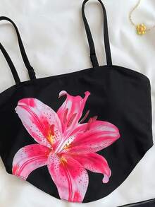 SHEIN 青少年女孩花卉印花比基尼3件套，適合海灘、夏威夷、度假 - 黑色 - 查看 3