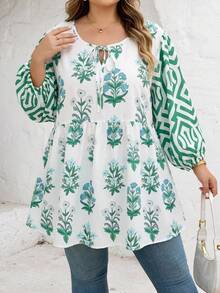 SHEIN CURVE+ US22 音樂節度假波希米亞風條紋襯衫，燈籠袖領口設計 - 彩色 - 查看 7