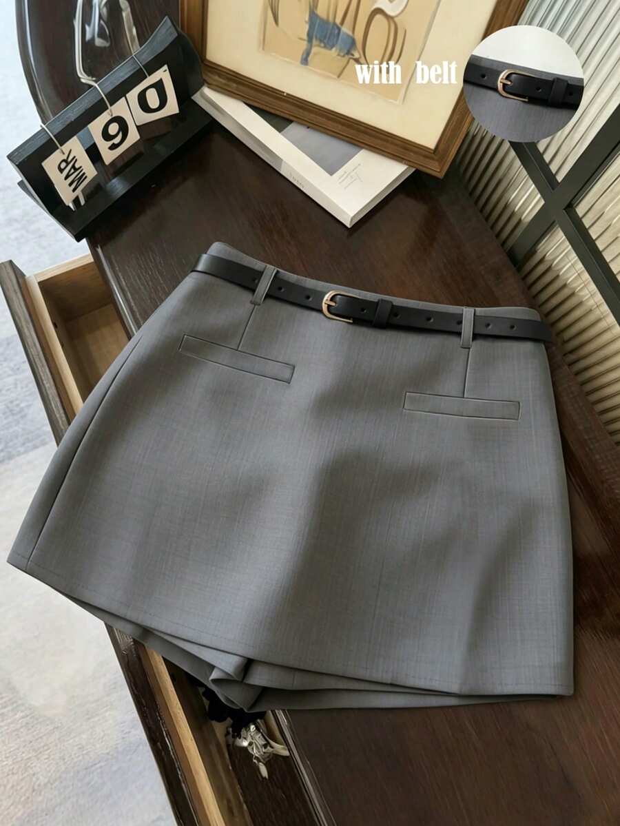 Franclia 女款灰色高腰 A 字迷你裙褲,附腰帶,商務休閒辦公室夏季款,紋理柔軟面料,不對稱下擺開衩時尚款 - 灰色 - 查看 1