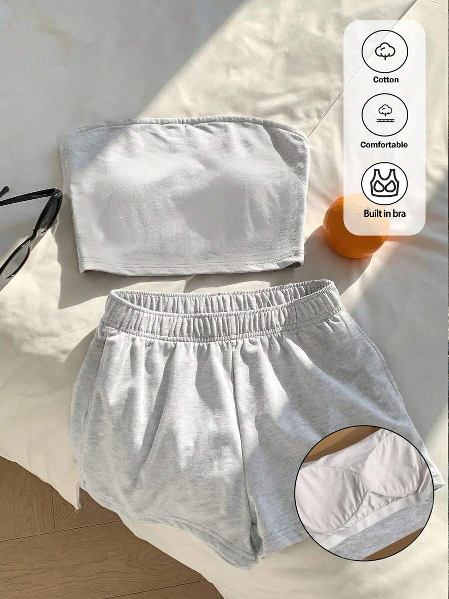 Comfortcana 女款平口上衣內建胸墊與短褲兩件組 - 灰色 - 查看 1