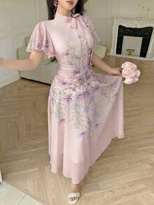 Modelyn 女款綁帶收腰抓皺印花大裙擺洋裝 - 淺粉色 - 查看 4