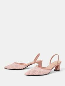 CUCCOO HITCHD Stylish And Elegant Commuter Embroidered Mesh Pointed Pumps - Light pink. - View 3