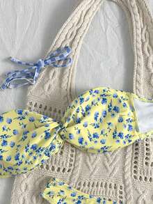 Swim Mod 女款夏季海灘度假花卉印花細肩帶比基尼三角褲兩件式泳衣套裝 奶油黃 性感熱帶風 - 彩色 - 查看 3