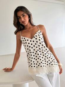 Camiseta de tirantes para mujer con estampado de lunares, dobladillo asimétrico y patchwork de encaje, estilo dulce y de moda - Albaricoque - Ver 7