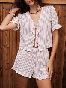Lullawish Women's Bohemian Casual Comfortable Striped Geometric Print Woven Tie Bow Ruffle Hem Loungewear Set - Multicolor - View 3