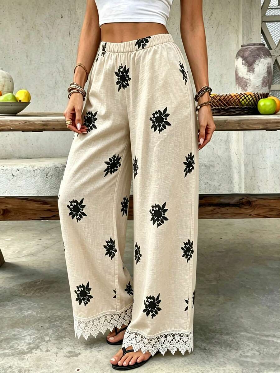 SHEIN Holidaya Damen Weite Hose, französischer Retro-Stil mit Spitzenbesatz, leicht, locker, elastischer Bund, Leinenoptik, elegante Casual-Hose für den Sommer