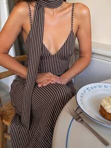 Firerie Women's New Black And White Striped Mesh Print Backless Spaghetti Strap Maxi Dress, Sexy Long High Elastic Flowing Vacation Style V-Neck Brunch Summer - Chocolate Brown - View 3
