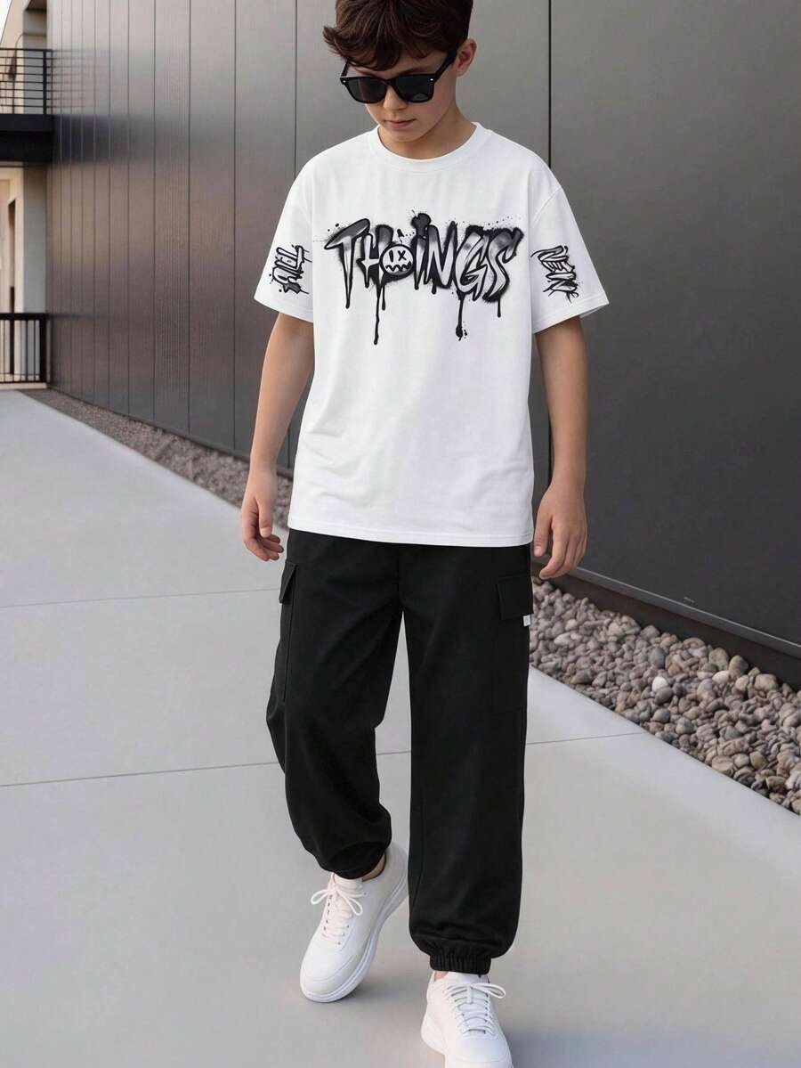 Coolqubz 2 piezas Conjunto de camiseta casual de cuello redondo estampada y pantalones con cordón para adolescentes, adecuado para uso diario, ir al trabajo y actividades al aire libre - Blanco y Negro - Ver 1