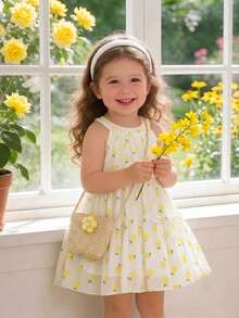 SHEIN Baby Girls Summer Round Neck Princess Dress With Ditsy Floral, Sweet Dress + Matching Floral Accessory Small Bag, Stylish Versatile Sleeveless Comfortable, Suitable For Daily Outings - Yellow - View 7