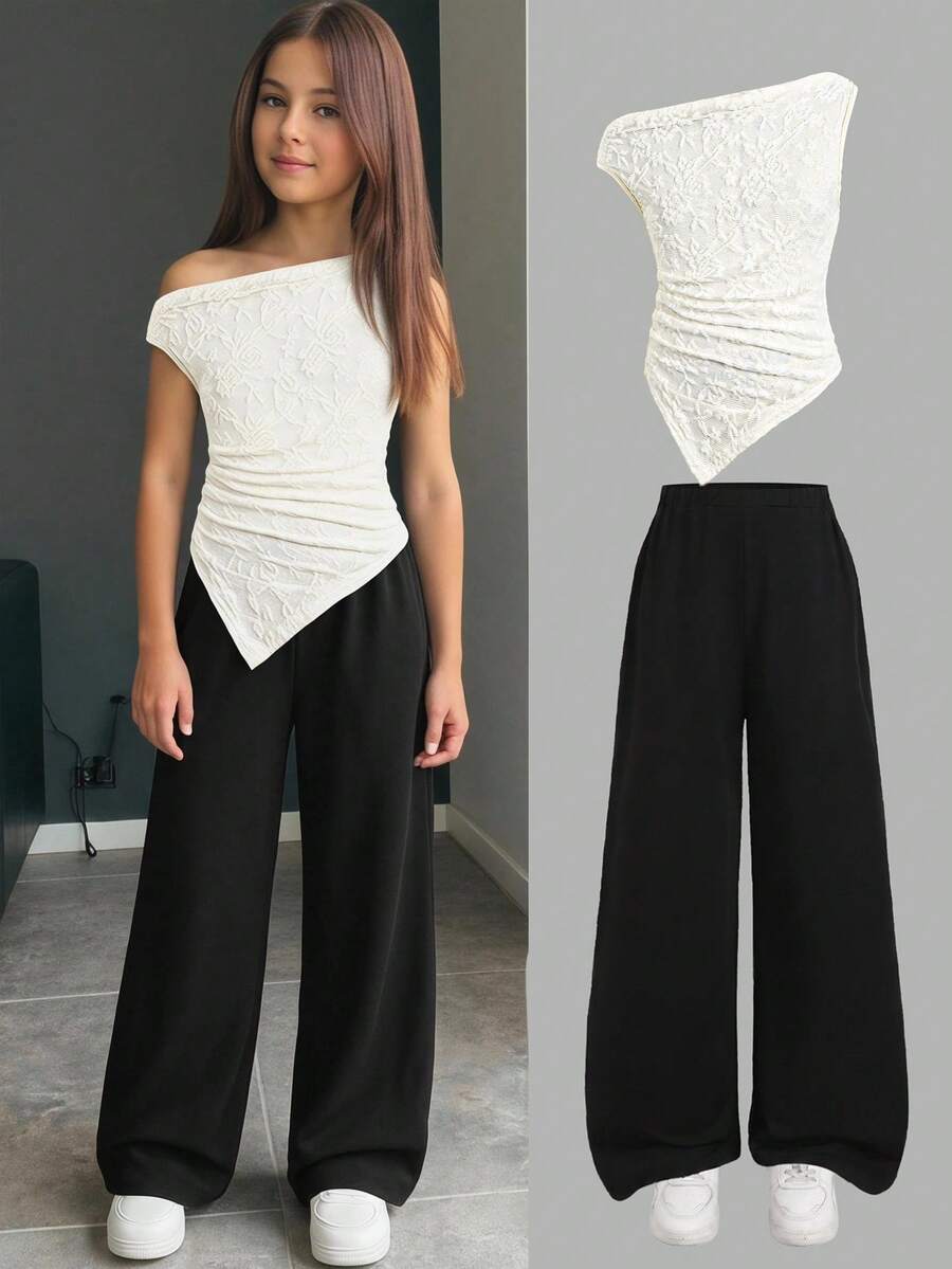 SHEIN 青少年女孩 2件組休閒優雅白色蕾絲荷葉邊露肩無袖修身上衣與黑色喇叭褲套裝,適合居家、戶外、旅行、機場、休閒日常穿著、校園穿著 - 黑與白 - 查看 1