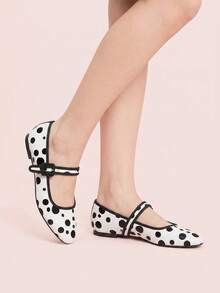 CUCCOO DOLLMOD Women's Shoes Vintage White Polka Dot Square Mary Jane Ballet Flats With Adjustable Buckle Straps For Work, Office, Leisure And Daily Wear - Black and White - View 9