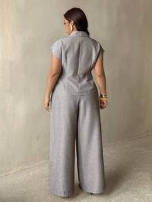Auralis Elegant Commuter Formal Set Crossover Wrap-Style V-Neck Drop-Shoulder Short-Sleeved Plus-Size Top Straight-Leg Trousers Office Gray Fall/Winter - Khaki - View 3