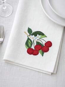 Cirelle 1/2/4pcs Cherry Embroidered Cotton Napkins, Cute Fruit & Floral Cloth Napkin, Reusable & Washable Dinner Napkins For Kitchen, Party, Wedding, Home Table Decor - Multicolor - View 3