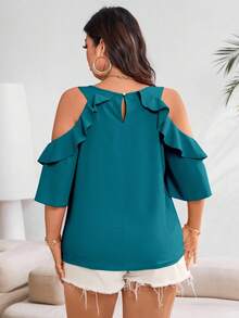 Vionelle Plus Cold Shoulder Ruffle Trim Blouse For Summer For New Year Clothes - Blue - View 2
