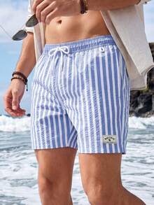 CoralVoy Men's Striped Drawstring Waist Beach Shorts, Holiday - Baby Blue - View 4