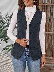 EMERY ROSE Chaqueta chaleco de pana con botones para mujer de talla grande - Gris Oscuro - Ver 5