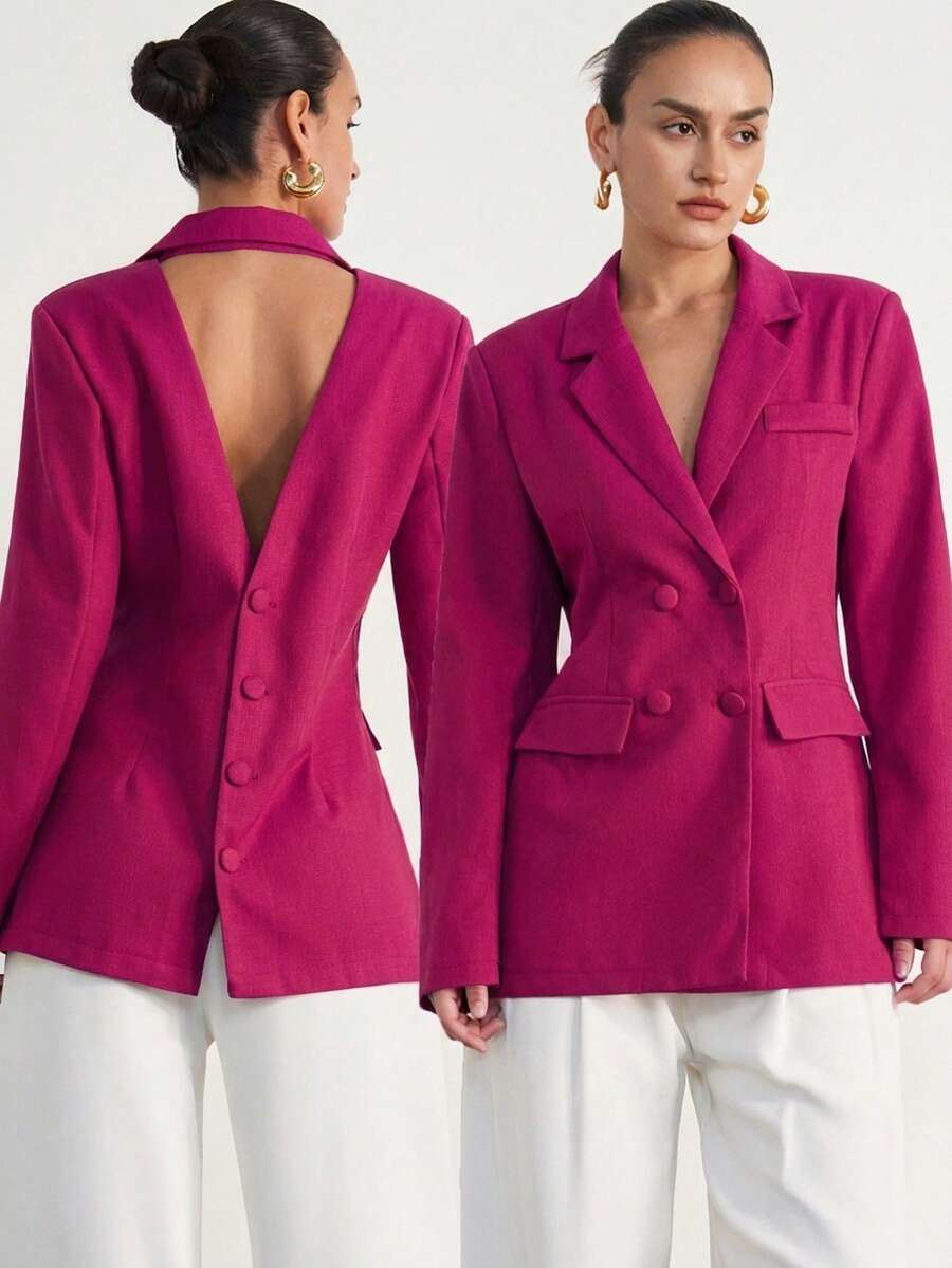Aveloria Modichic Áo khoác blazer phong cách Pháp châu Âu cổ điển tay dài hai hàng cúc, thiết kế hở lưng thanh lịch quyến rũ - Màu Hồng Tươi - Xem 1