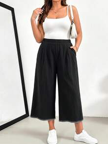 SHEIN Essnce 大尺碼女款拼色休閒日常長褲 - 黑色 - 查看 3