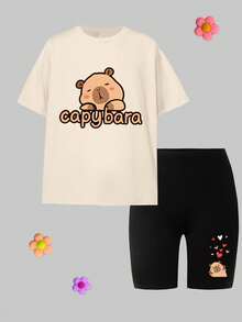 Tween Girl Cute Cartoon Graphic Print Crew Neck Short Sleeve T-Shirt And Fitted Shorts Set, Suitable For Back To School, Friends Brunch Gatherings - Multicolor - View 2