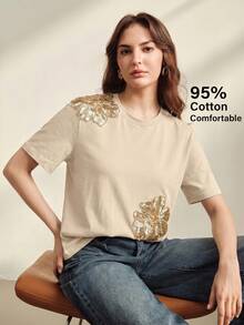 Anewsta Women's Elegant Short Sleeve Crew Neck Fitted T-Shirt, Summer - Apricot - View 7