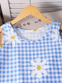 SHEIN 青少年女孩春/夏新款極簡基本清新藍色格紋雛菊印花套頭背心上衣與長褲2件套，度假休閒，舒適輕盈面料，黑色蕾絲下擺裝飾，時尚，適合夏季海灘度假 - 藍色 - 查看 4