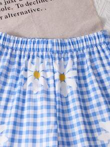 SHEIN 青少年女孩春/夏新款極簡基本清新藍色格紋雛菊印花套頭背心上衣與長褲2件套，度假休閒，舒適輕盈面料，黑色蕾絲下擺裝飾，時尚，適合夏季海灘度假 - 藍色 - 查看 6