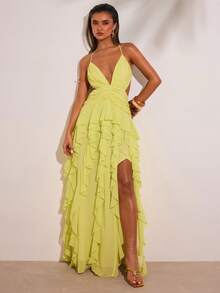 SHEIN BAE Đầm dạ hội màu vàng chiffon thanh lịch dành cho nữ, kiểu dáng hở lưng, buộc dây, xếp ly, vạt bất đối xứng, xẻ tà, thích hợp cho kỳ nghỉ biển, đám cưới trên biển, tiệc sinh nhật, váy cưới, váy hẹn hò lãng mạn, đầm dài chiffon sang trọng. - Vàng nhạt - Xem 5