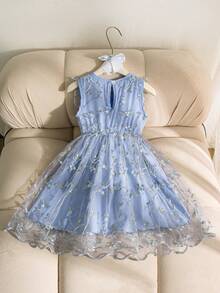 SHEIN Elladie kids Girls' Sweet Ruffle Sleeveless Tank Top Embroidered Tulle Princess Dress, Suitable For Holiday, Vacation, Party, Summer - Baby Blue - View 4