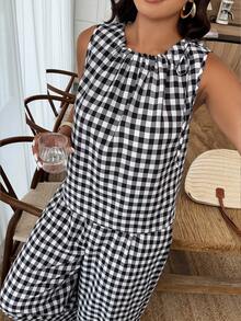 Weeklong Spring Summer New Arrival Plus Size Women's Black & White Gingham Textured Round Neck Drawstring Sleeveless Top + High-Waist Wide Leg Pants Sets, For Daily & Travel Wear - Multicolor - View 4