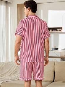 CoupledUp Men's Casual Striped Short Sleeve Letter Print T-Shirt And Striped Shorts Pajama Set - Hot Pink - View 2