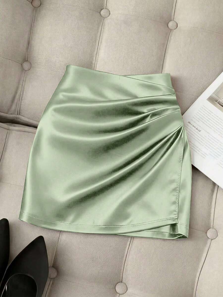 Franclia Fashionable New Glossy Asymmetrical Hem High Waist Slim Pleated Bodycon Skirt For Women, Spring/Summer - Mint Green - View 1