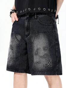 ROMWE MEN Street Life Men's Paisley Print Contrast Color Slant Pocket Casual Denim Shorts - Black - View 7