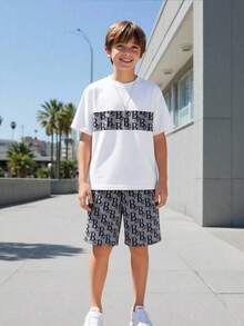 SHEIN 青少年男孩 2件組 休閒寬鬆舒適混色圖案 T恤與短褲套裝，適合春/夏季、日常穿著、運動、外出、學校、派對、節慶、拍照 - 彩色 - 查看 6