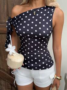 INAWLY Polka Dot Digital Print Fashionable Minimalist Cold Shoulder Top, Gift For Friends - Multicolor - View 1