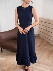 Modelyn Damen Sommer Lässig Alltag Arbeit Pendeln Minimalistisch Vielseitig Einfarbig Ärmellos Taillenbetontes langes Kleid - marineblau - Übersicht 7