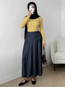 Solavon Women's Solid Color Pleated Casual Elegant Versatile Daily Work Corporate Outing Office Skirt Navy Blue Autumn - Navy Blue - View 3