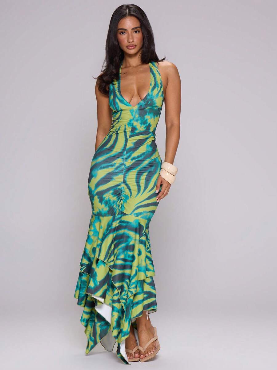 MUSERA Animal Print Slinky Plunge Halterneck Ruched Fitted Asymmetric Midi Dress Spring Summer Holiday Vacation Beach Ibiza Festival Party Elegant Divinity - Green - View 1